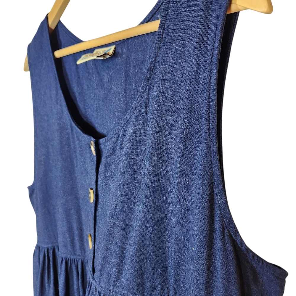 Vintage 90s Cottagecore Blue Sleeveless Dress Jumper Linen Pinafore Grandma L - Picture 3 of 13